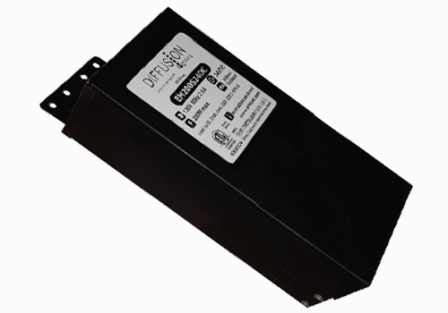 Diffusion EM200S24DC 200W EM-Magnetic Driver series, a dimmable magnetic low voltage 24V DC LED driver for indoor and outdoor lighting, compatible with a variety of dimmers.