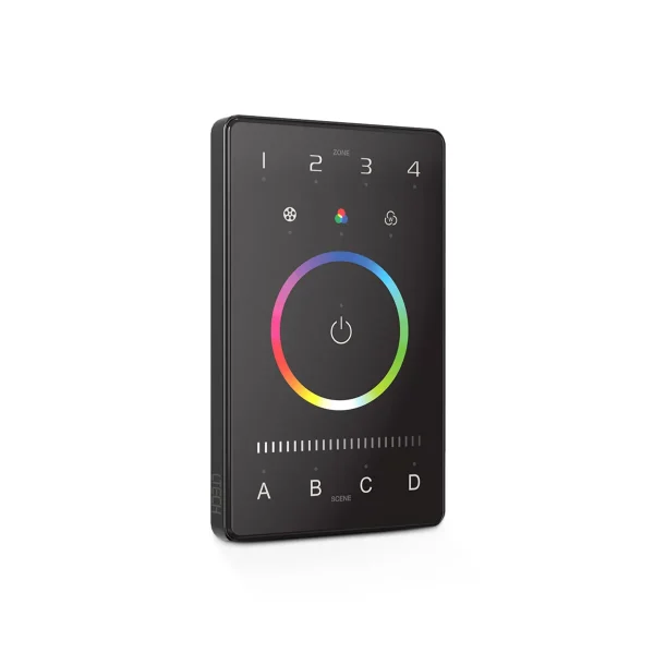 A photo of the UB4 an LED RGBW controller that is mounted on the wall and is touch operated