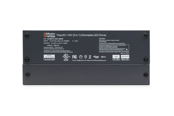 Diffusion DLMULTI-024-200W is a Dimmable LED Driver that works with Forward / Reverse phase, ELV, Triac, or 0-10V Dimmers.